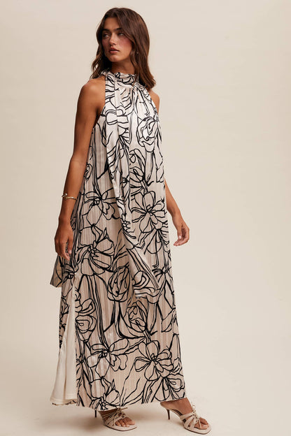 Pleated Floral Halter Satin Maxi Dress