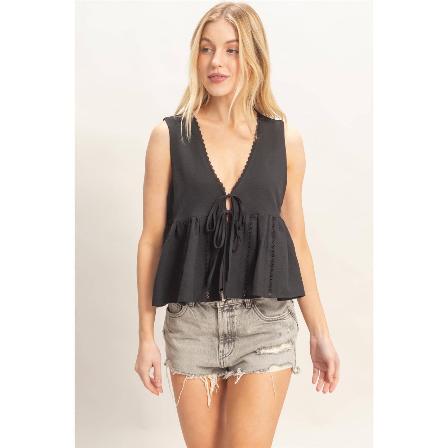 Lace Trim Tie Front Top