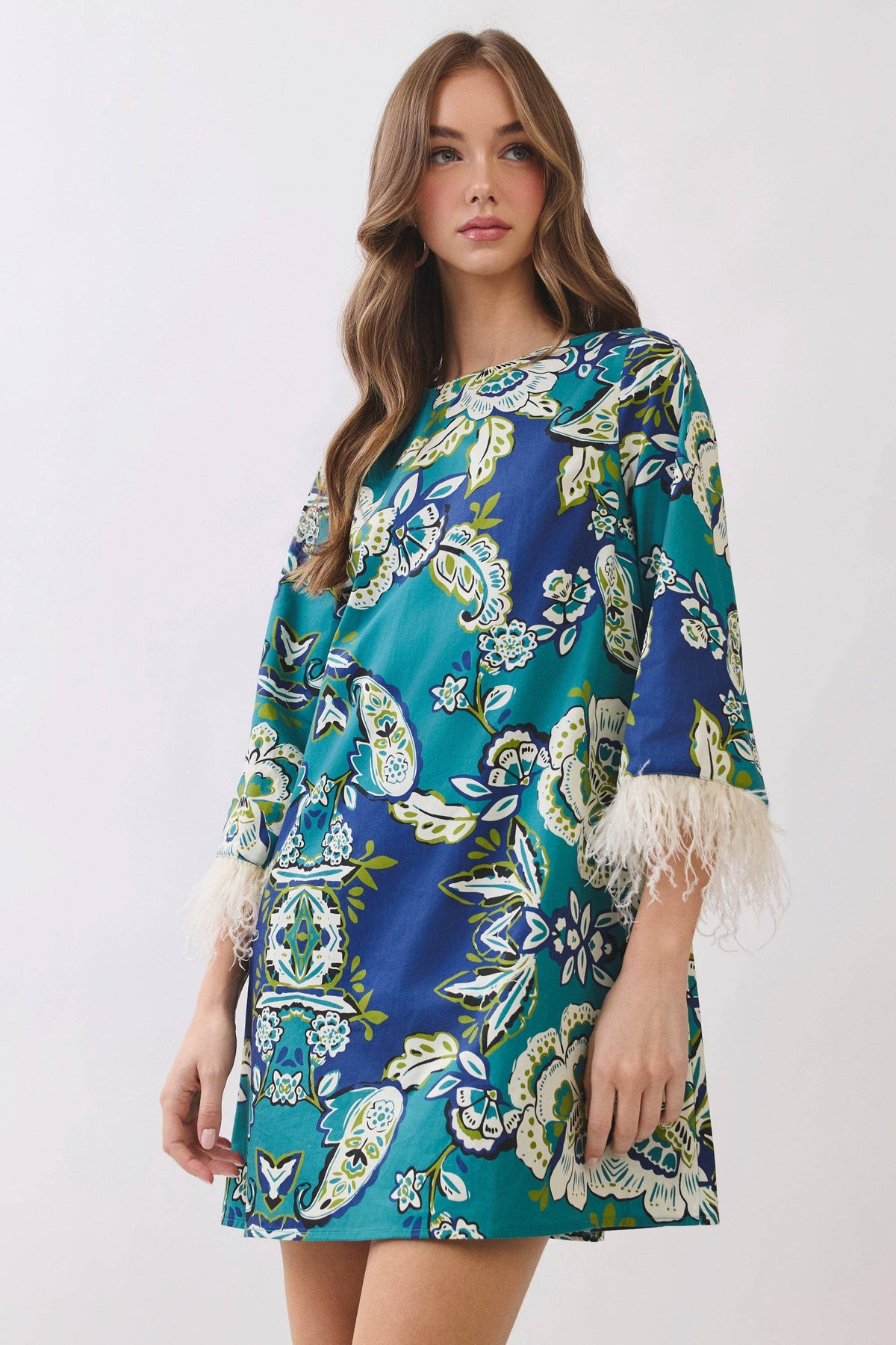 Feather Trim Mini Dress
